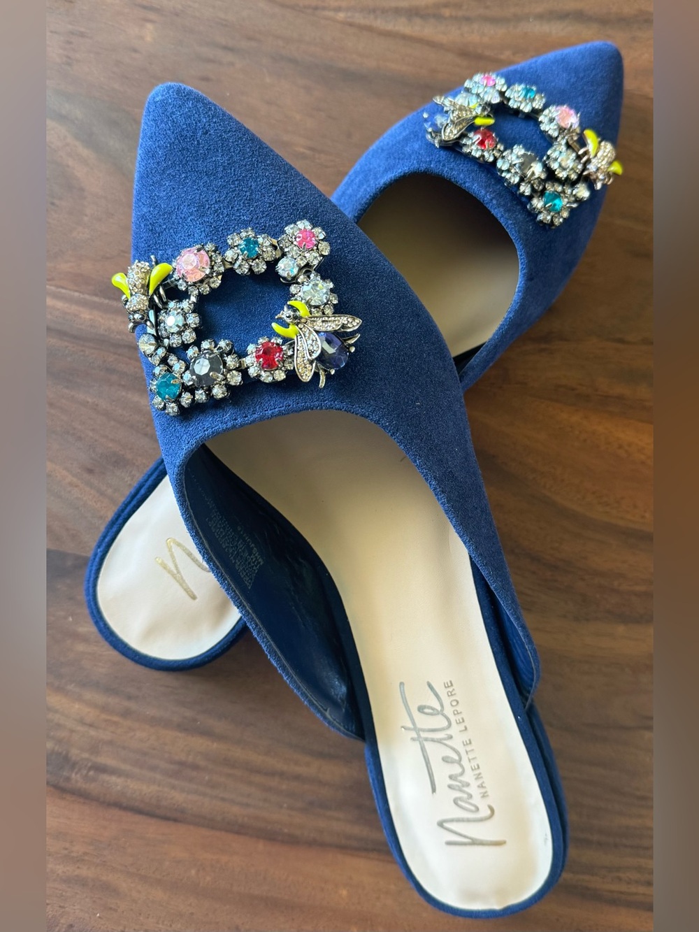 Nanette Lepore Doris Jeweled Bee Blue Suede Mules. Size 11